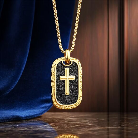GOLD CROSS Pendant Necklace in ION Plated Yellow Gold W Black Oxidized 20"-22" - Picture 5 of 8